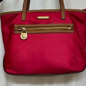 Michael Kors Kempton Red Nylon Tote Bag Brown Crossgrain Leather Purse